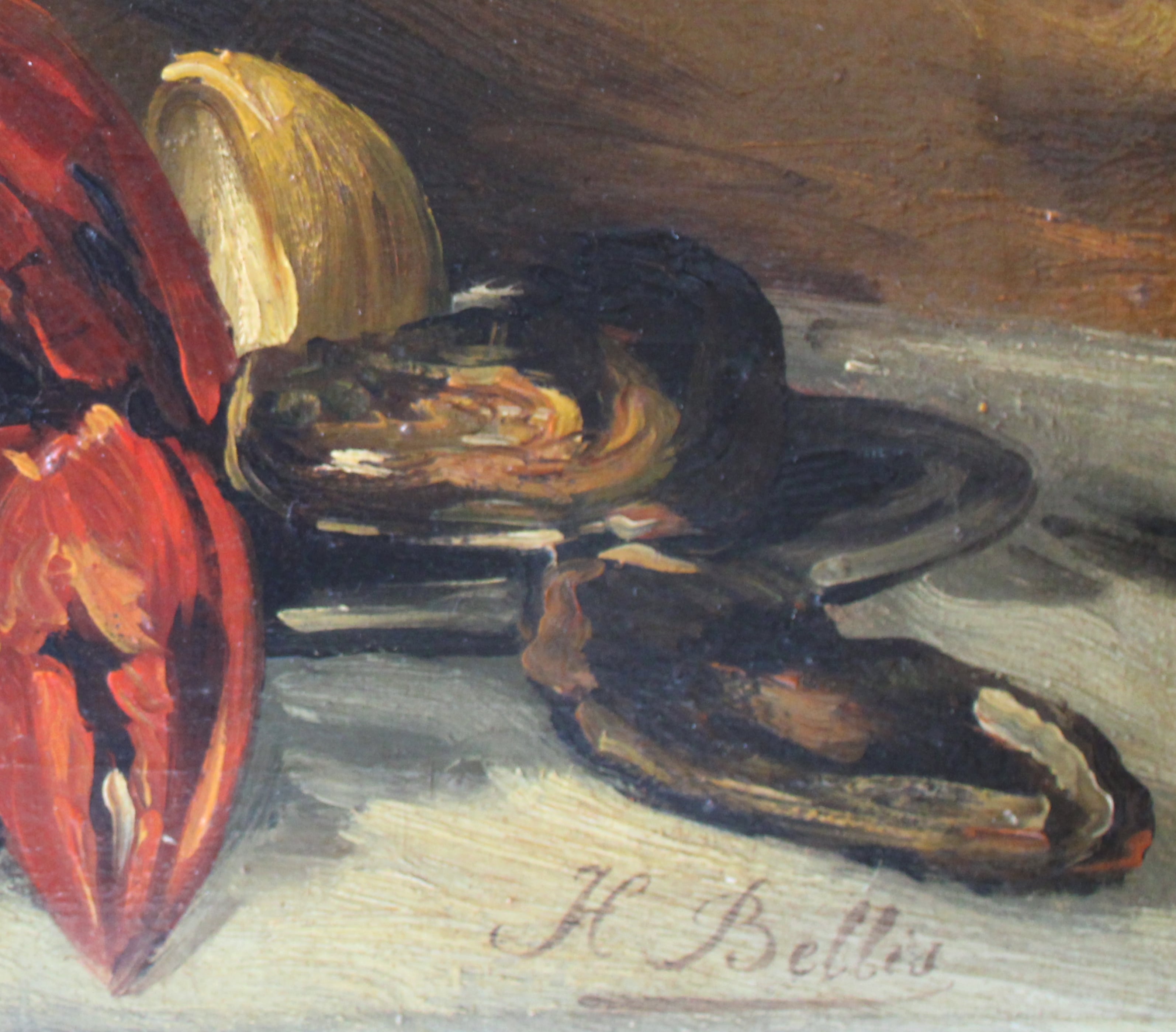 19th century dark Belgian still life painting Homard & Oysters