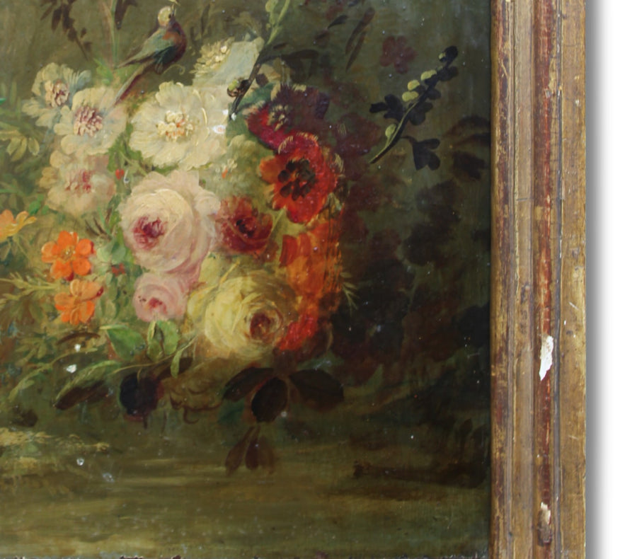 19th Century Oil Canvas Flowers still life for sale
