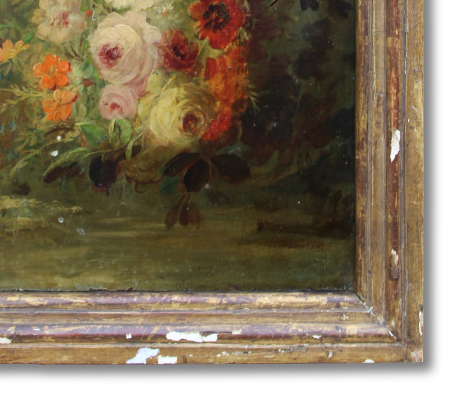 19th Century Oil Canvas Flowers still life for sale