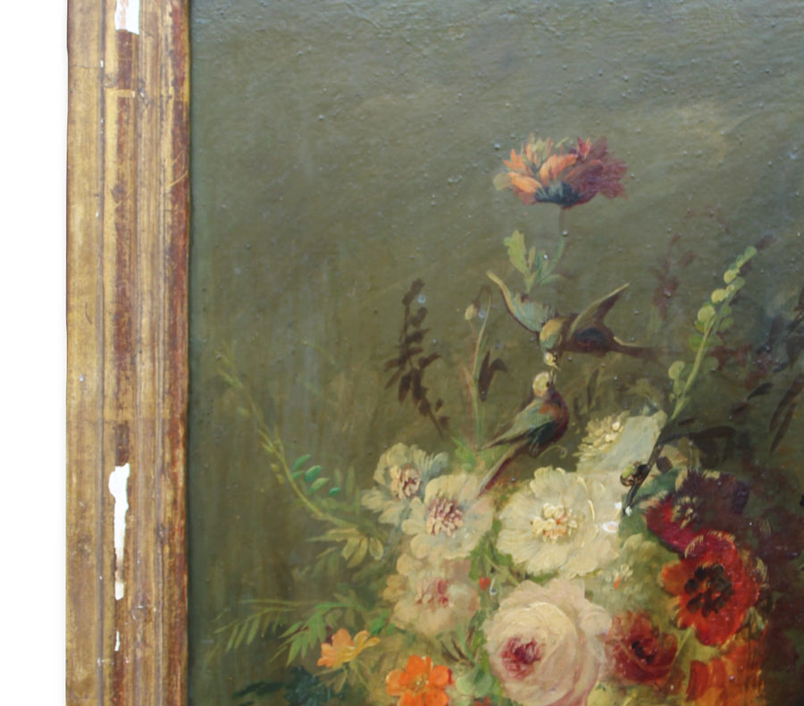 19th Century Oil Canvas Flowers still life for sale