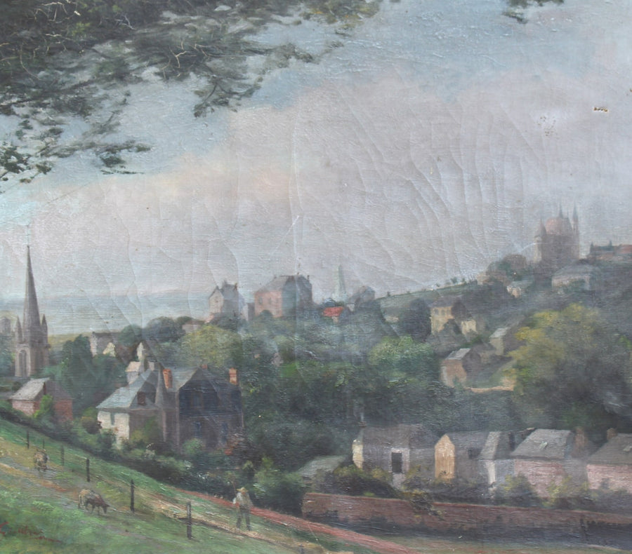 French antique original oil painting village landscape 