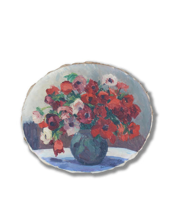 antique French oil painting still life with red flowers for sale 