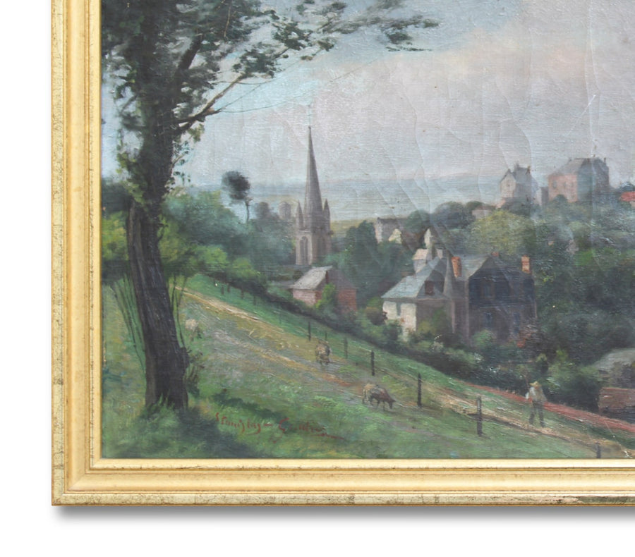 French antique original oil painting village landscape 