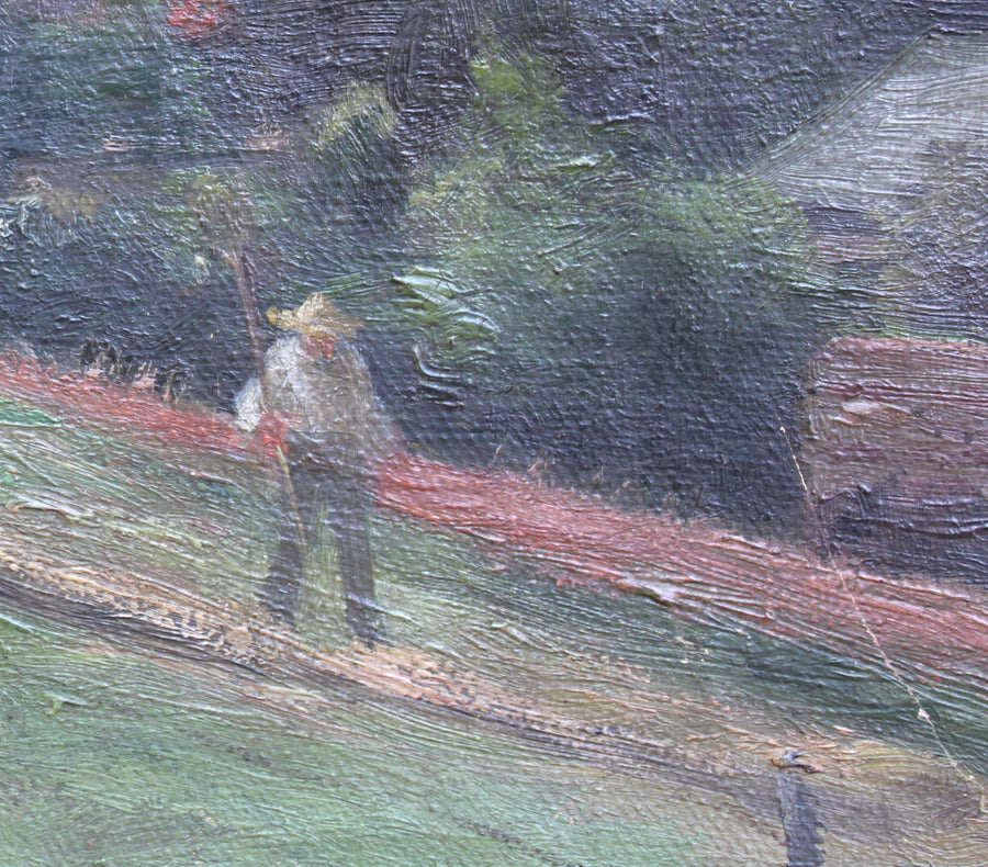 French antique original oil painting village landscape 