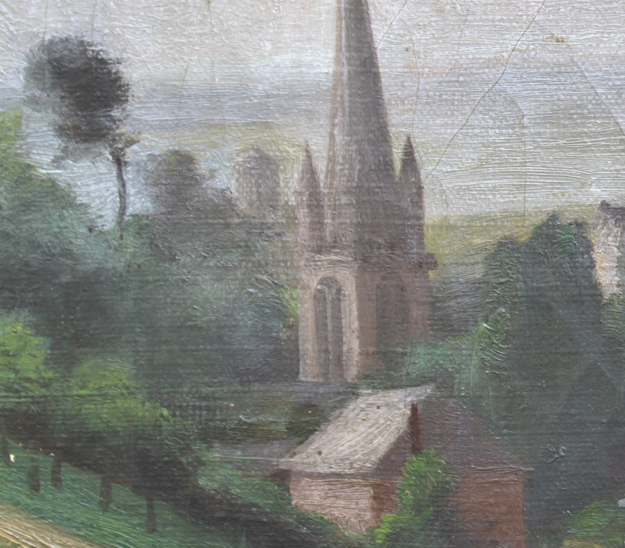 French antique original oil painting village landscape 
