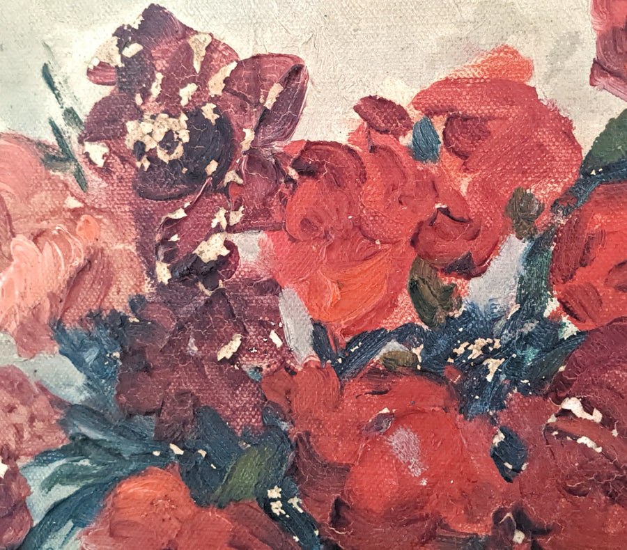 antique French still life oil painting with red flowers