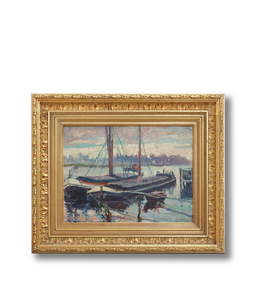 French Antique Oil on Wood Painting of Brussels Canal for sale