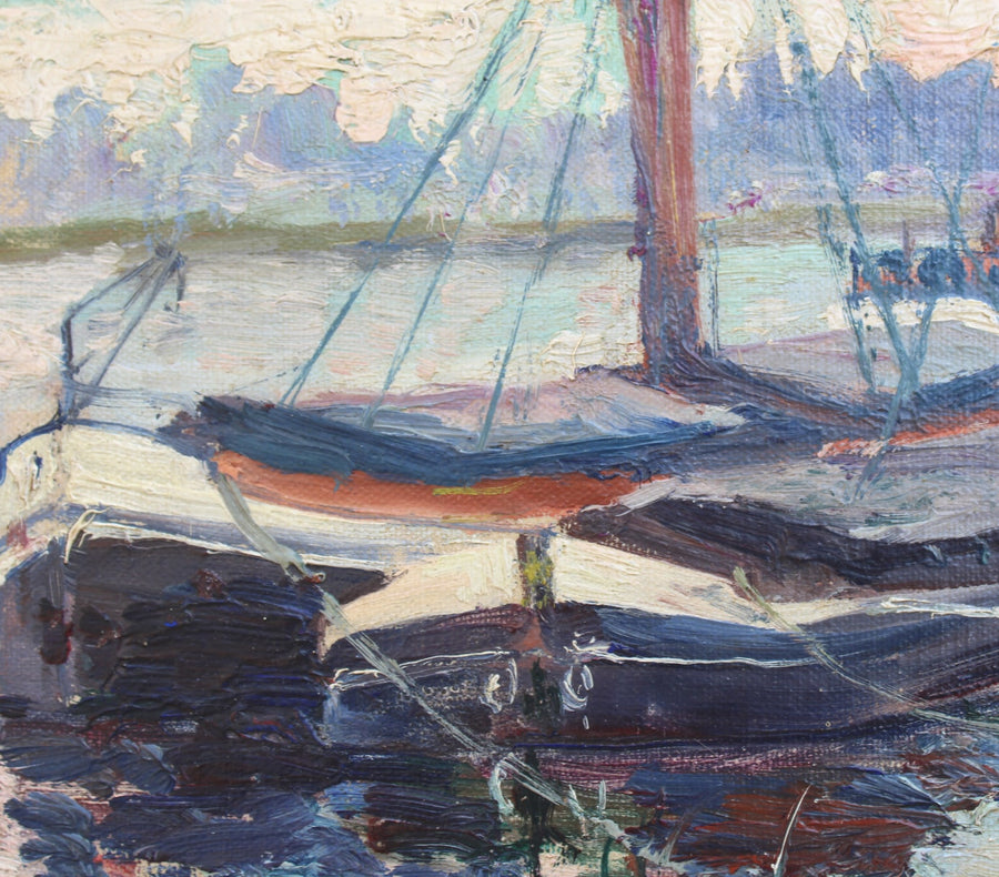 French Antique Oil on Wood Painting of Brussels Canal for sale