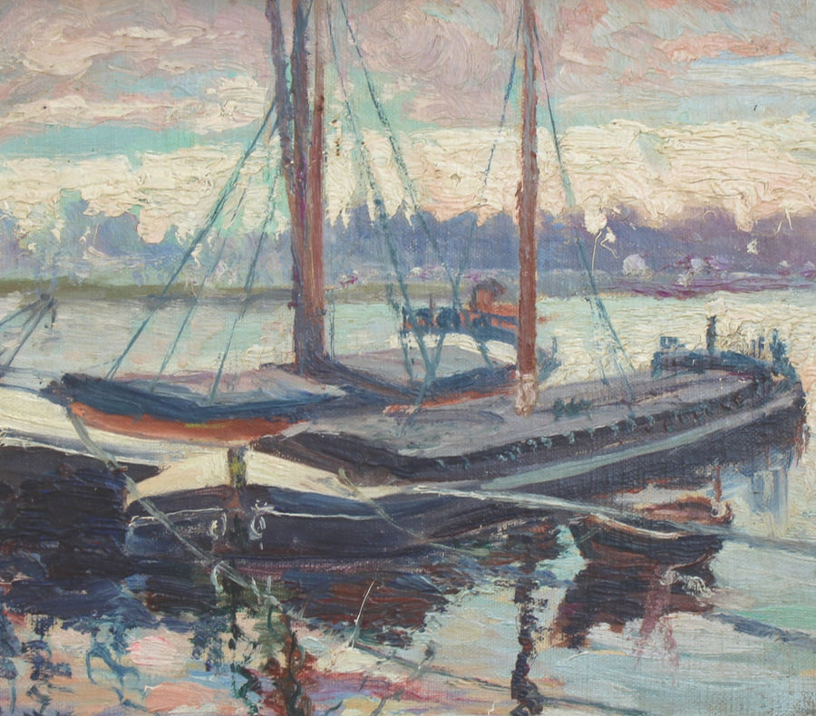 French Antique Oil on Wood Painting of Brussels Canal for sale