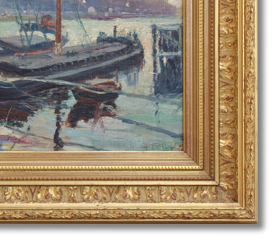 French Antique Oil on Wood Painting of Brussels Canal for sale