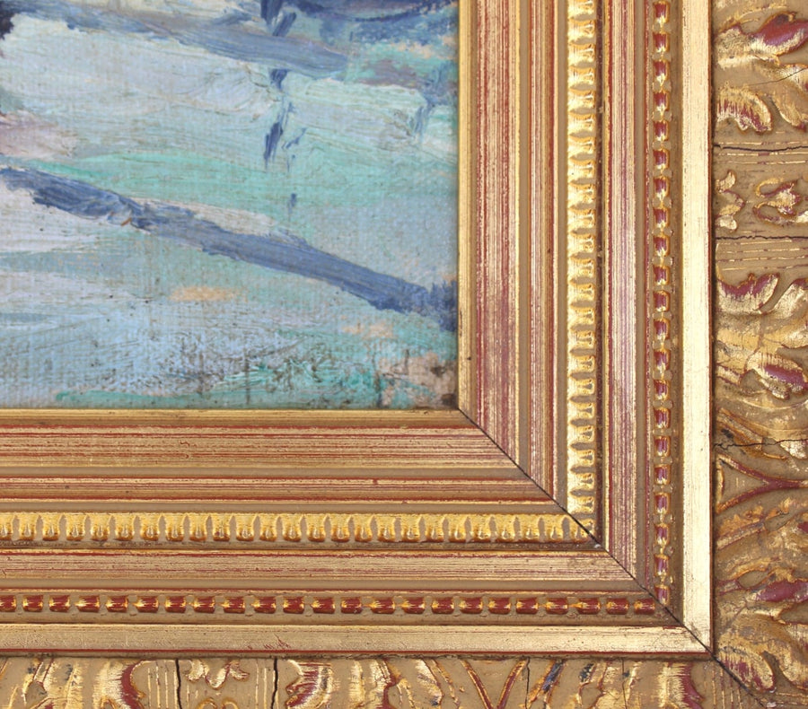 French Antique Oil on Wood Painting of Brussels Canal for sale