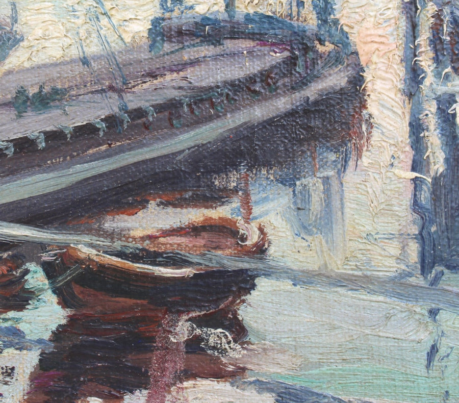 French Antique Oil on Wood Painting of Brussels Canal for sale