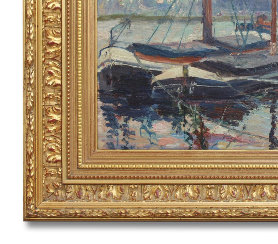 French Antique Oil on Wood Painting of Brussels Canal for sale