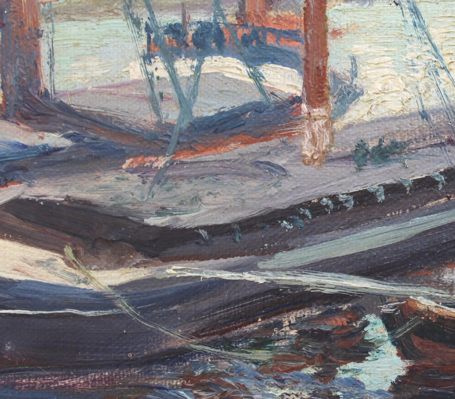 French Antique Oil on Wood Painting of Brussels Canal for sale