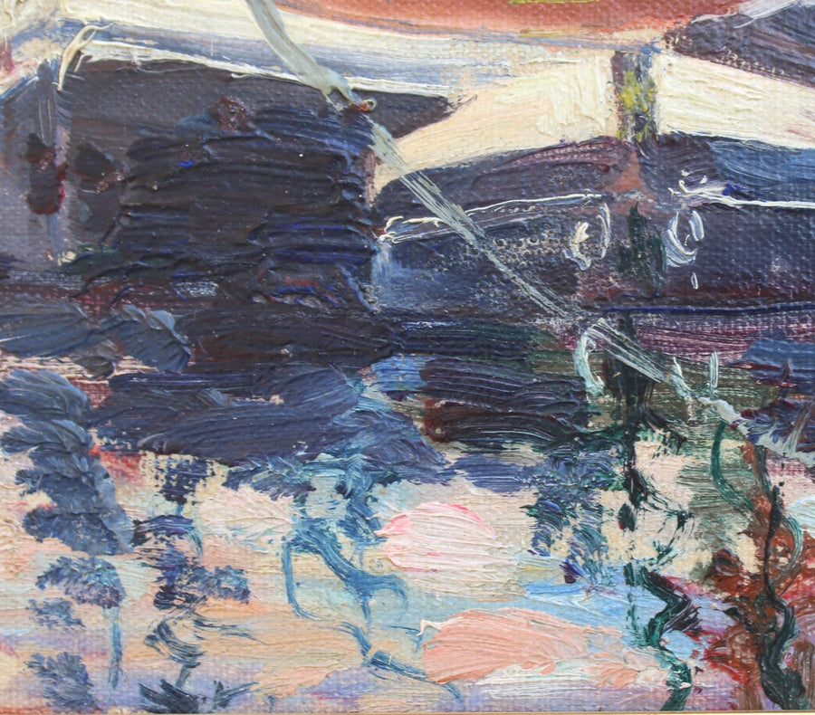 French Antique Oil on Wood Painting of Brussels Canal for sale