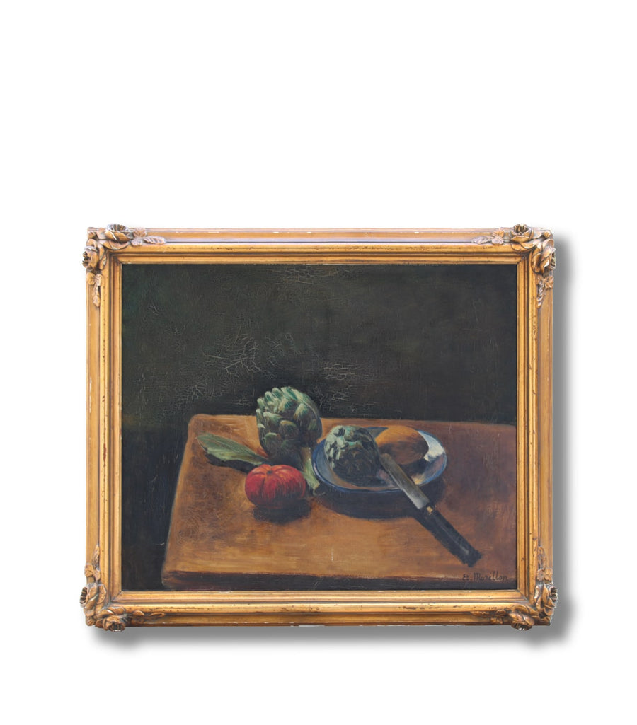 Antique French Painting of Table and Plate with Artichokes for sale