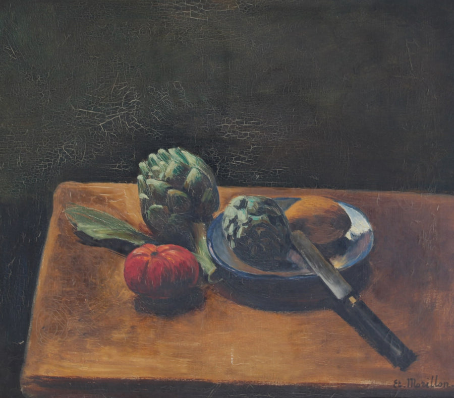 Antique French Painting of Table and Plate with Artichokes for sale