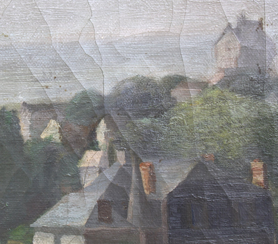 French antique original oil painting village landscape 