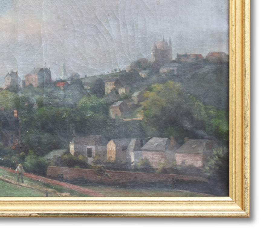 French antique original oil painting village landscape 