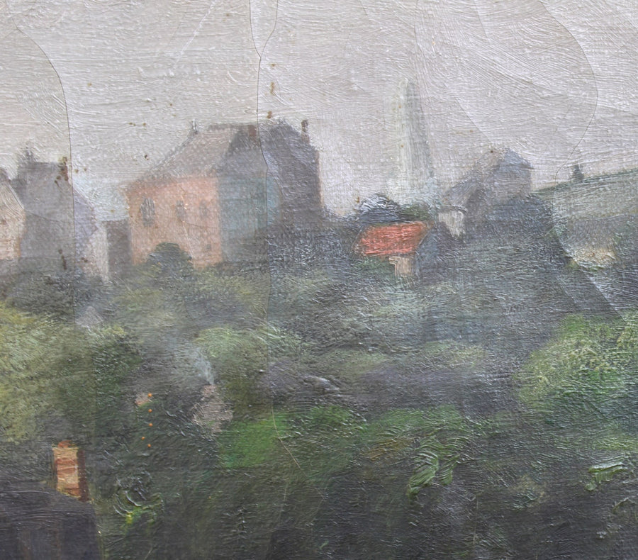 French antique original oil painting village landscape 