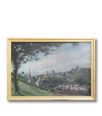French antique original oil painting village landscape 