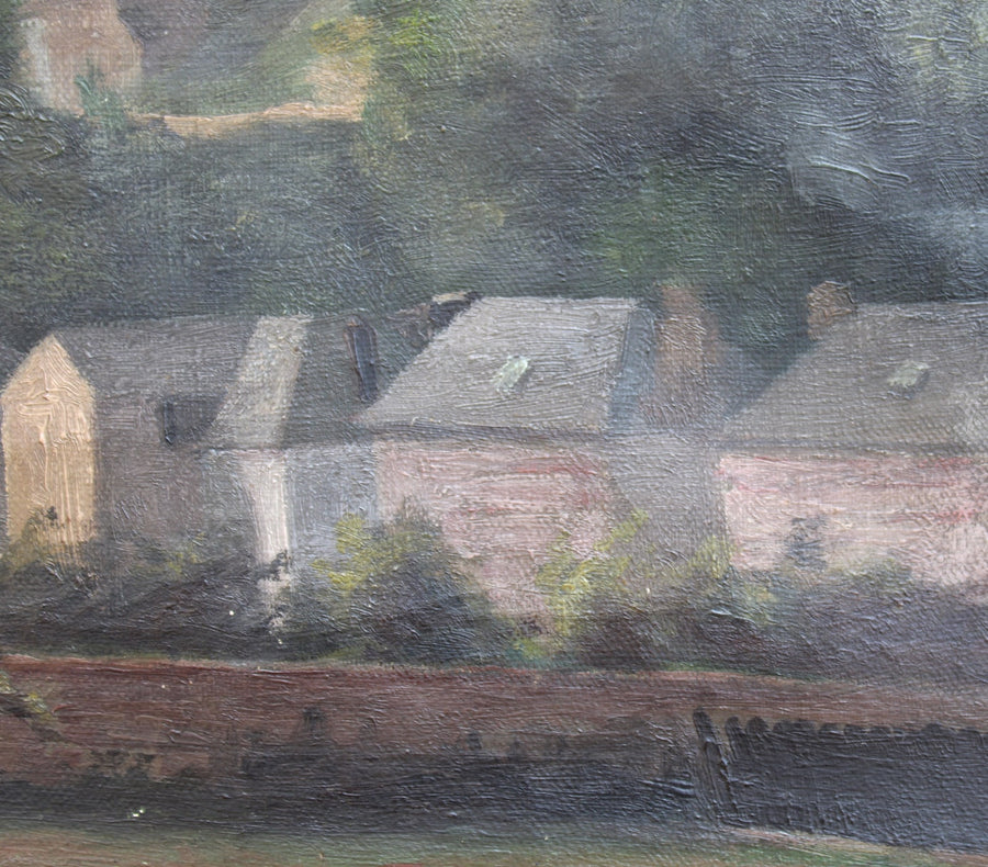 French antique original oil painting village landscape 