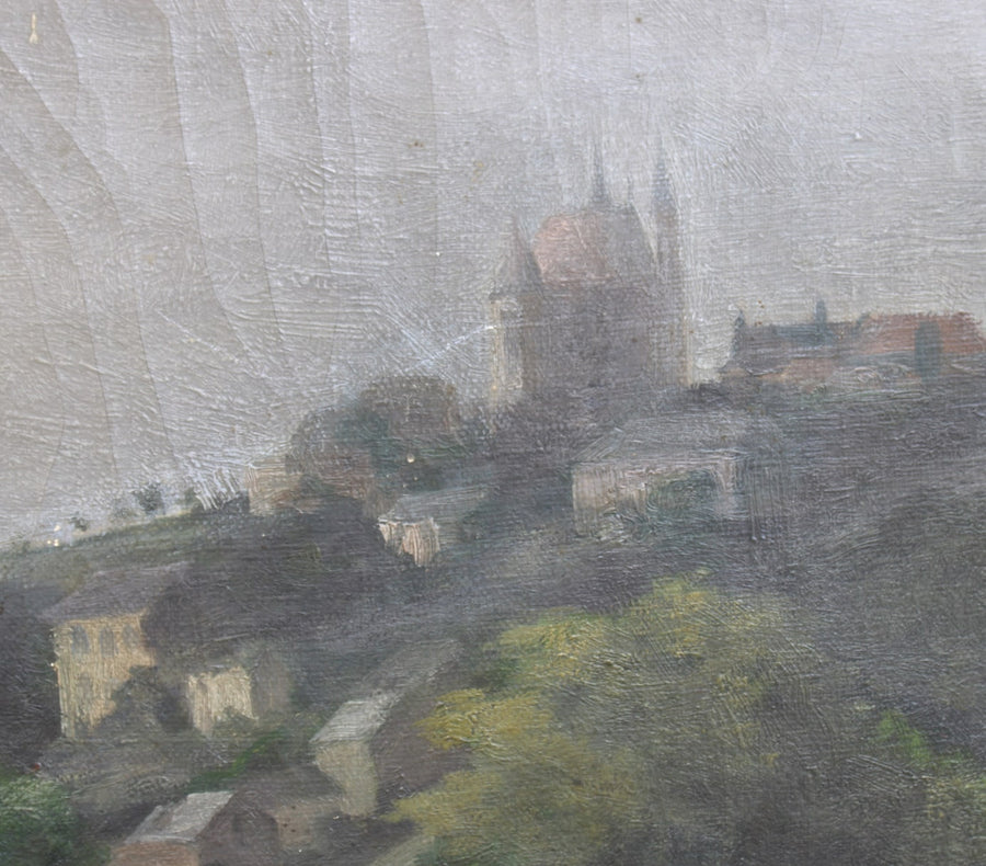 French antique original oil painting village landscape 